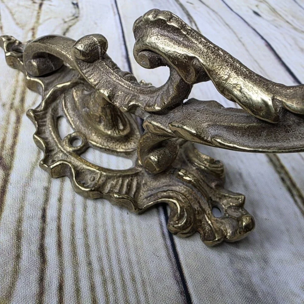 Large Vintage Fancy Cast Iron Brass Gold Paint Coat Hook, 5 1/2” x 4 1/2 Inches
